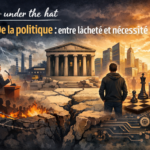Illustration politique symbolique montrant un entrepreneur face à un choix entre engagement civique et passivité, avec un temple grec, une foule en colère, un échiquier, une urne et des éléments technologiques.