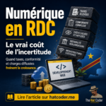 Illustration d’un entrepreneur numérique congolais entouré de symboles représentant les impôts, les autorisations, les dépenses technologiques, les salariés et les fournisseurs.